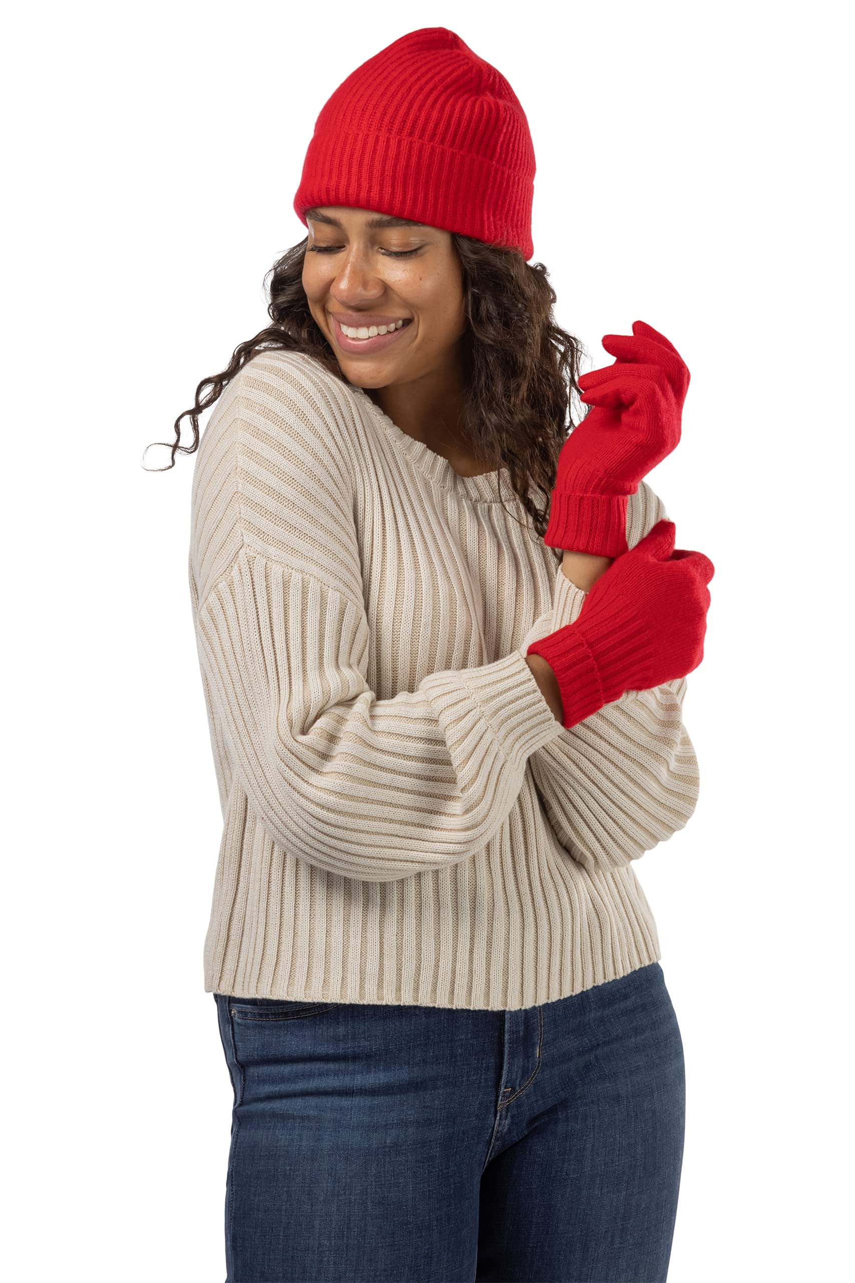 Fishers Finery Women's 100% Pure Cashmere Ribbed Winter Hat and Glove Set - Soft & Warm Knit Accessories Gift Box | Perfect for Cold Weather, Outdoor Activities & Holiday Gifts