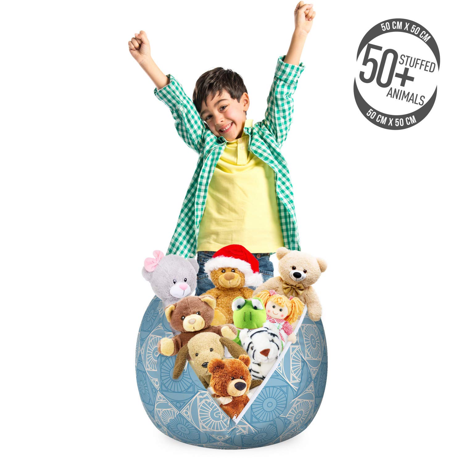 Ambesonne Geometric Toy Storage Bag Chair - Egyptian Motif Symmetric Design, Washable Stuffed Animal Organizer for Kids Room, Small Size in Teal & Pale Yellow | Perfect for Nursery, Playroom & Bedroom Organization