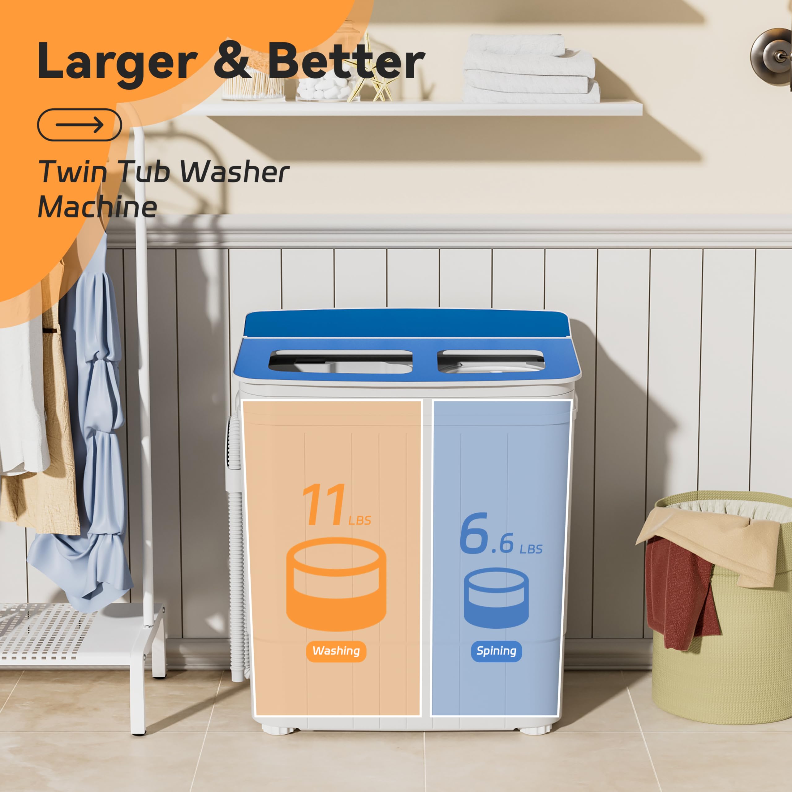 INTERGREAT Portable Twin Tub Washing Machine 17.6Lbs - Compact Washer & Dryer Combo for Camping, Dorms, Apartments, RV - Mini Laundry Solution for Small Spaces (Blue) - Perfect for Travel, Outdoor Adventures & Tiny Homes