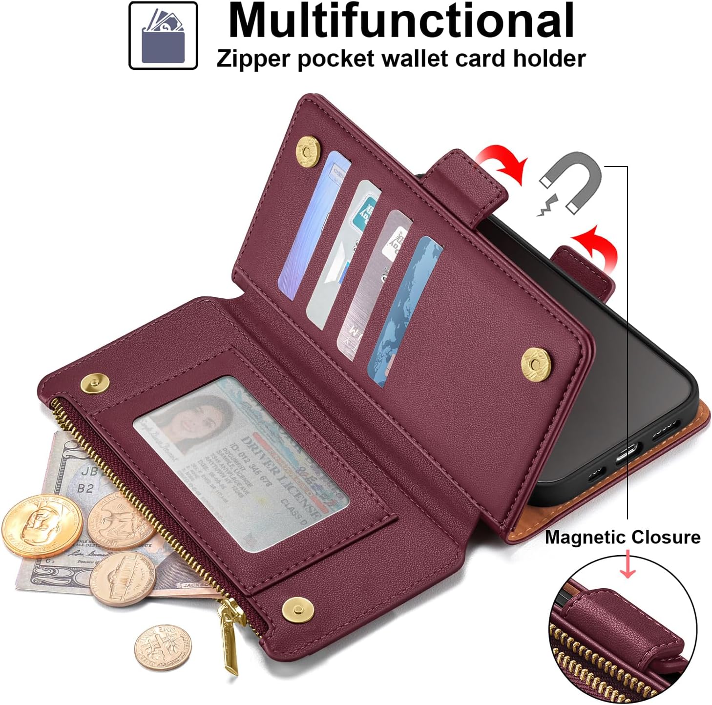 iPhone 16 Wallet Case with RFID Blocking - 3 Card Slots & Zipper Closure, Premium Leather Phone Cover for Men & Women (Red) - Perfect for Travel, Commuting & Daily Use