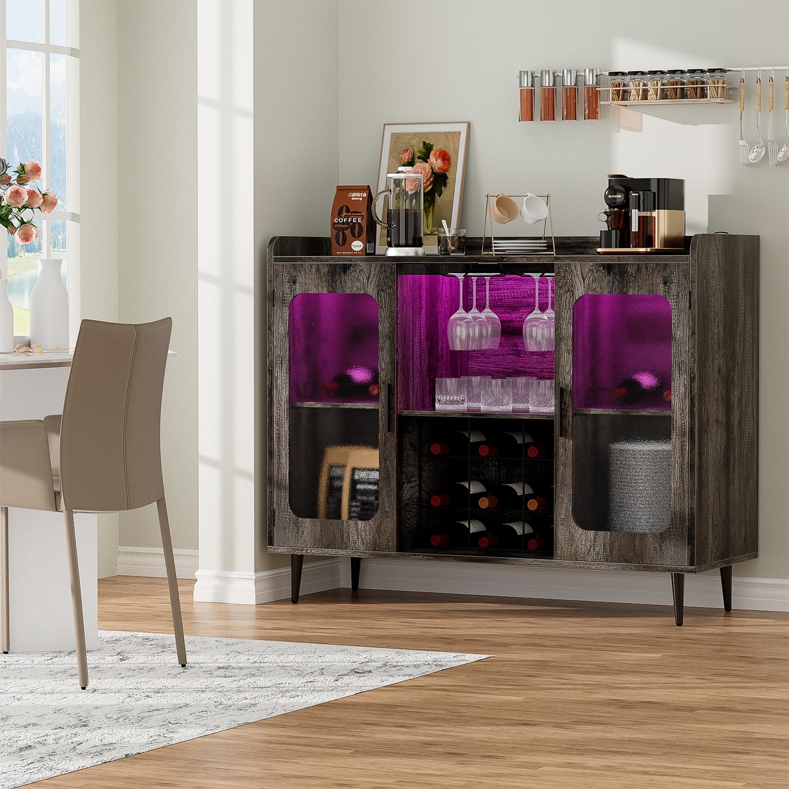 Black Oak Liquor Cabinet Bar with Power Outlet & LED Lights - Wine Storage Cabinet with Glass Rack for Kitchen, Dining Room - Perfect for Home Bars, Entertaining Guests & Wine Storage
