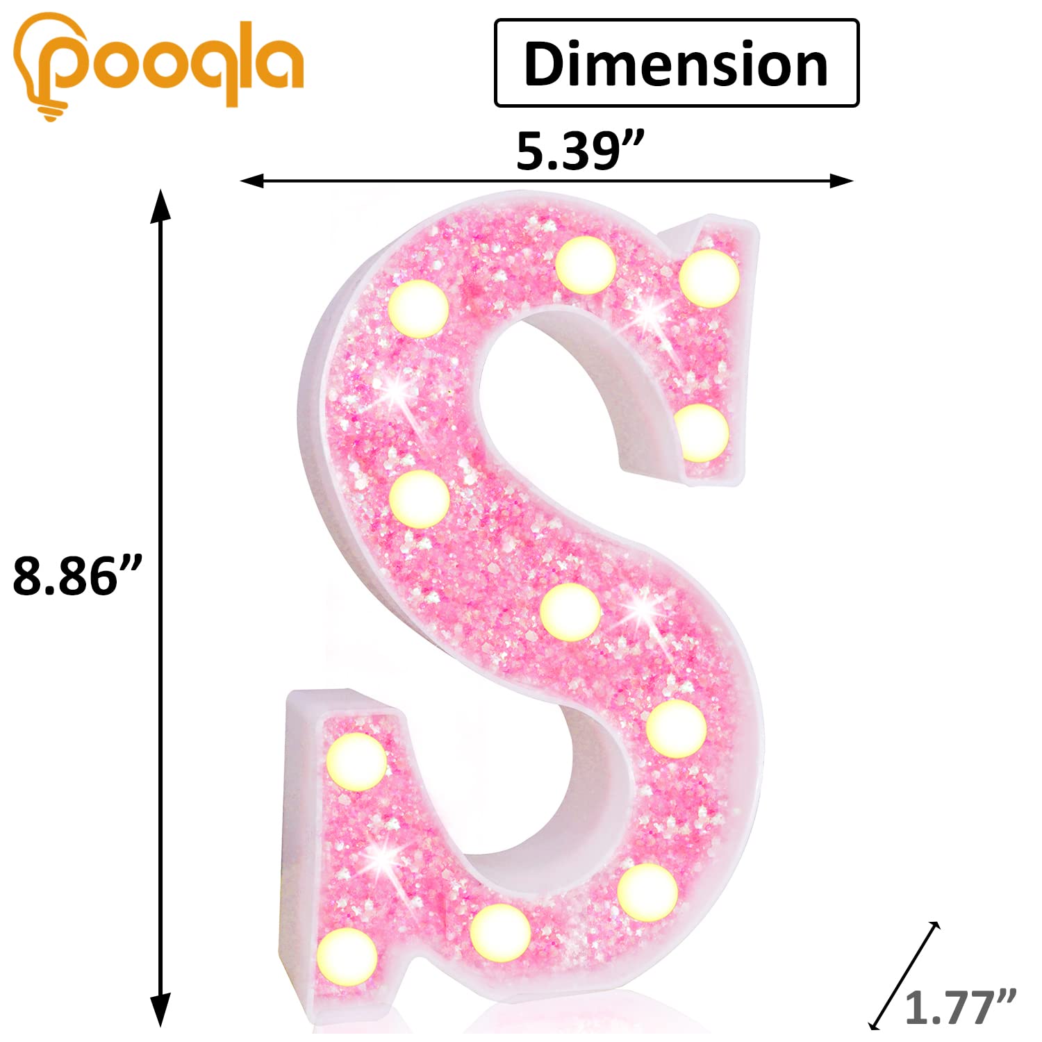 Pooqla LED Marquee Letter Lights - Pink Glitter Alphabet Sign with Battery Power for Night Light, Birthday Party, Wedding, Home Bar & Christmas Decor - Perfect for Girls Gifts & Room Decoration (Letter S)