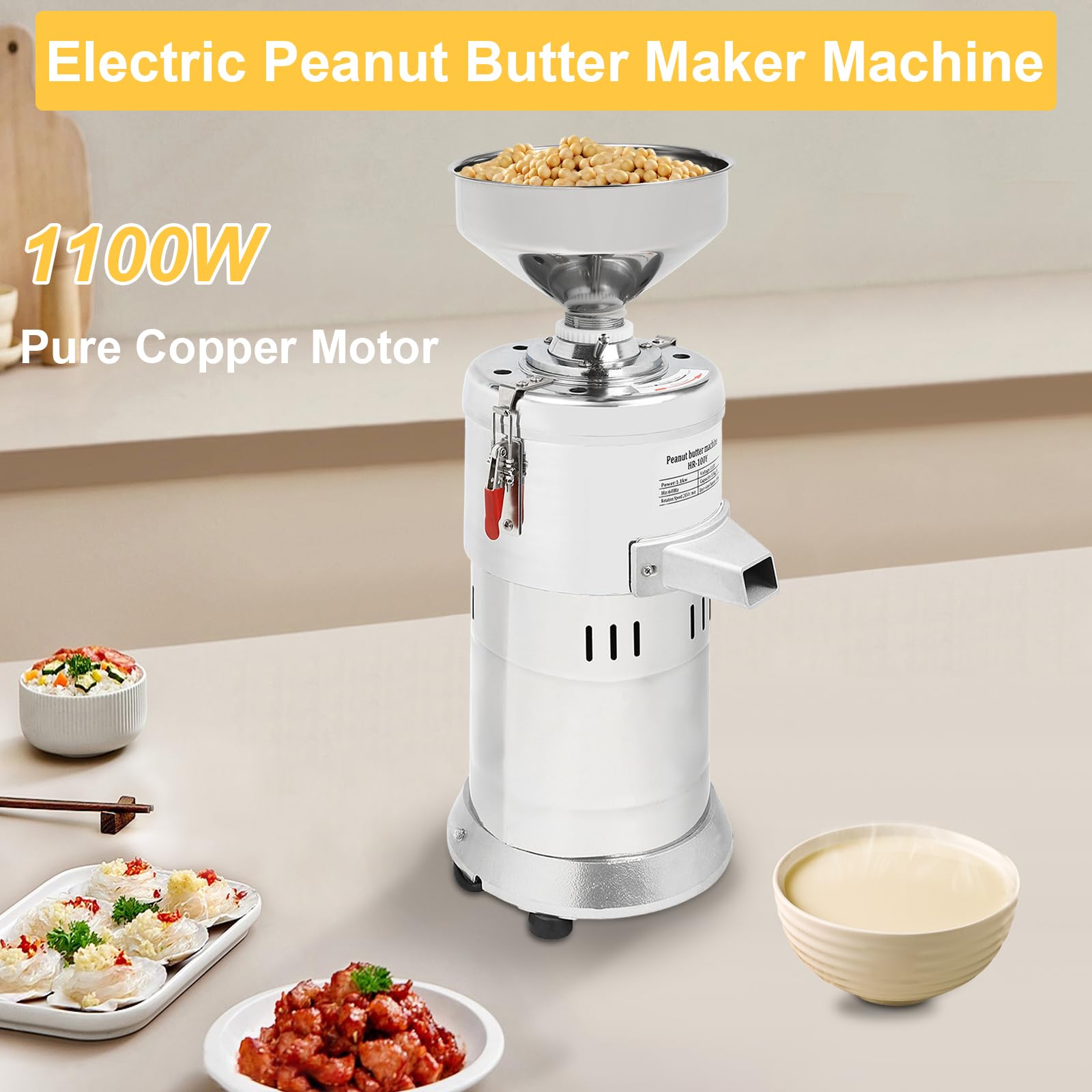 Electric Peanut Butter Maker Machine - 1100W Commercial Nut Grinder for Peanuts, Almonds, Cashew & Sesame - 33lb/h Capacity, 110V - Perfect for Home Kitchens, Bakeries & Healthy Snack Shops