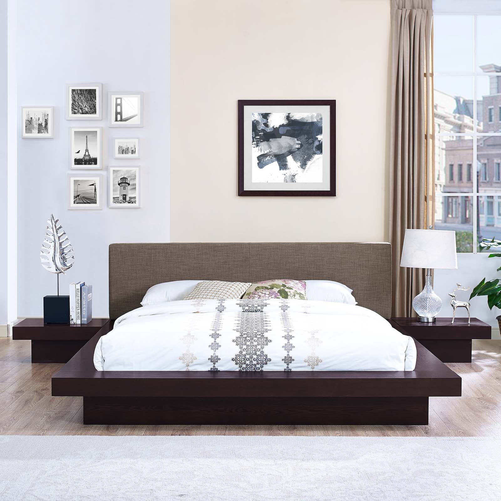 Freja 3-Piece Fabric Bedroom Set - Queen Size Bed Frame, Nightstand & Dresser - Modern Bedroom Furniture for Small Spaces & Apartments