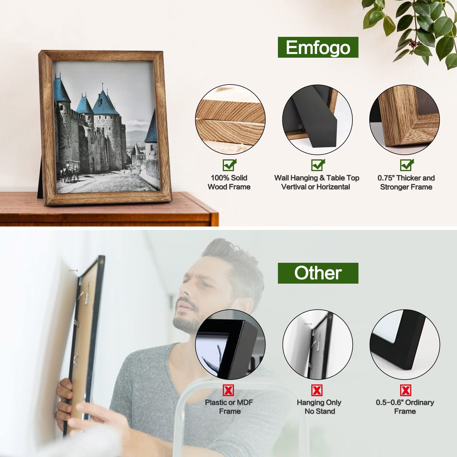 Emfogo 8x10 Picture Frames (Pack of 2) - Solid Wood Rustic Photo Frames with Real Glass for Wall Decor - Carbonized Brown - Perfect for Living Room, Bedroom & Office Display