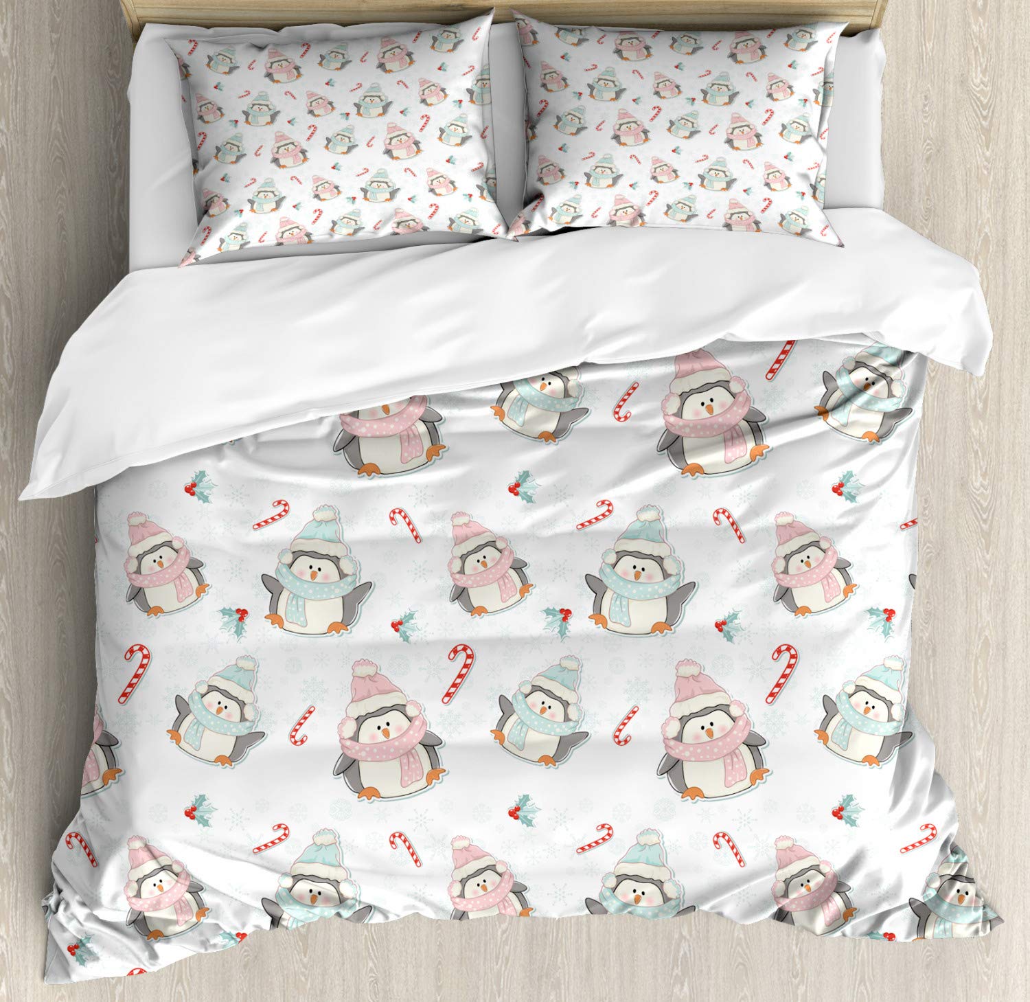 Ambesonne Candy Cane Christmas Duvet Cover Set - 3 Piece Queen Size Bedding with 2 Pillow Shams | Festive Penguins in Scarves & Hats with Holly Berries Design | Rose Pale Blue Holiday Decor for Kids' Bedroom, Guest Room & Winter Themed Decorations