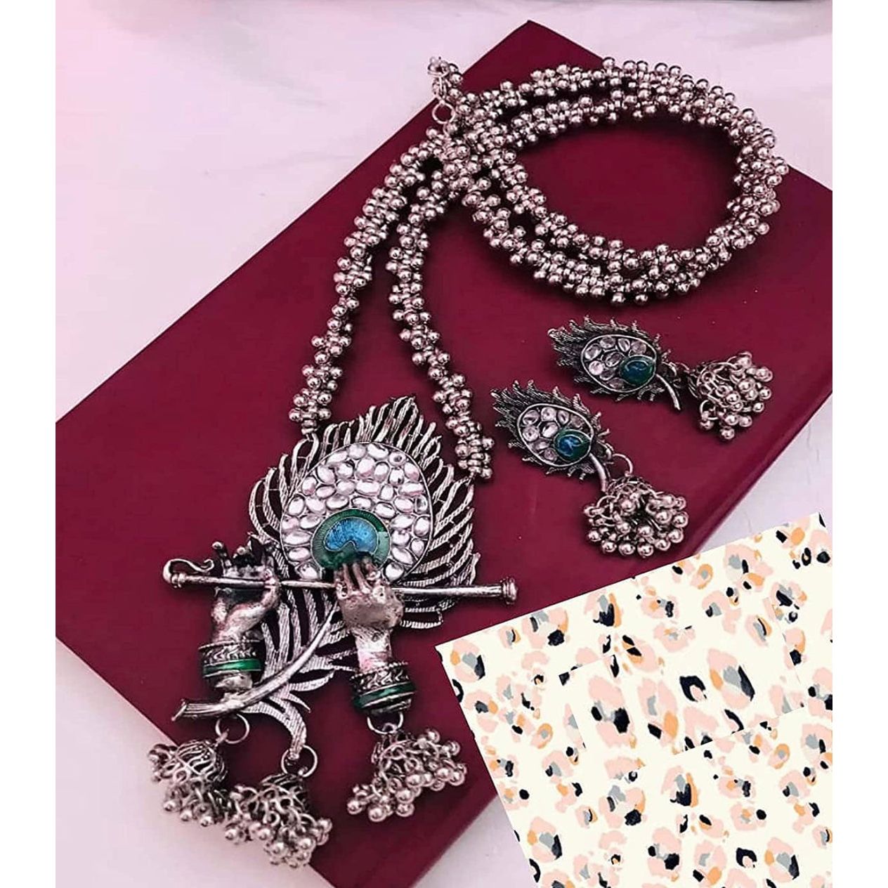 Oxidized Sterling Silver Krishna Flute Pendant Necklace Set for Women | Spiritual Jewelry Gift for Devotees | Perfect for Festivals, Weddings & Meditation