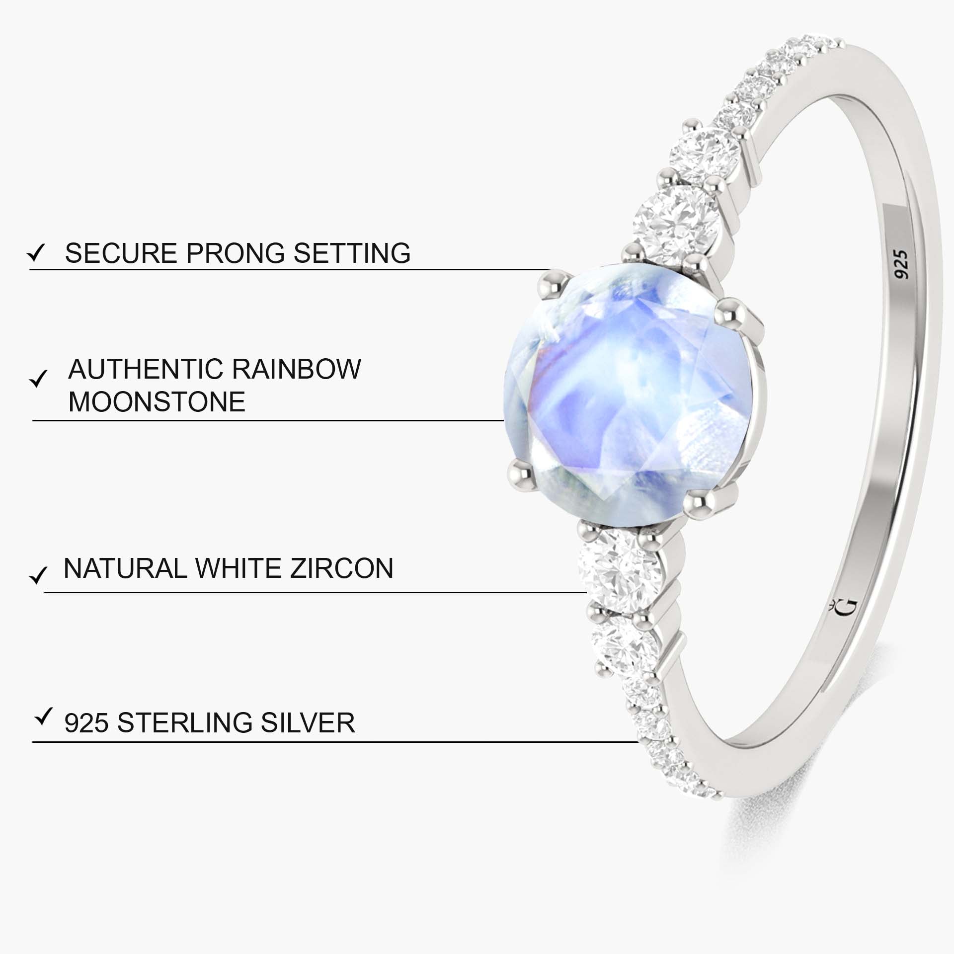 Handmade Moonstone and Zircon Ring - Round Cut Gemstone Jewelry for Women, Elegant Wedding, Engagement, Anniversary Gift