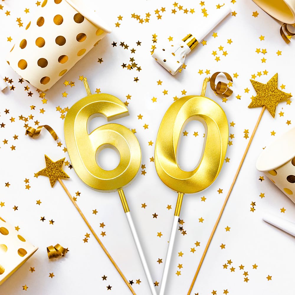 60th Birthday Number Candles - Gold Cake Topper Decoration for Birthday Party, Wedding & Anniversary Celebrations | Elegant Number Candles for Cakes, Cupcakes & Desserts