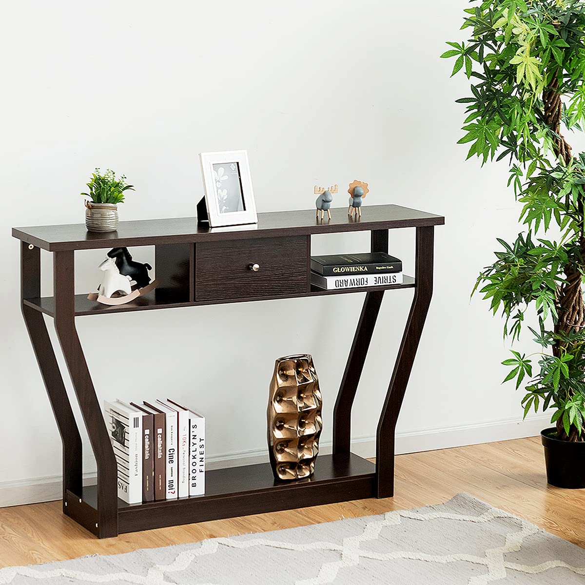 3-Tier Wooden Console Table with Drawer - 47