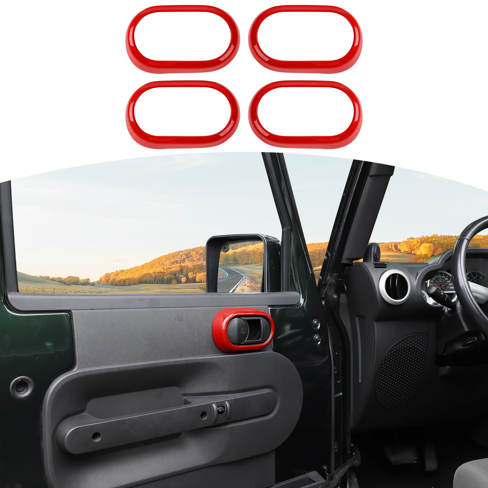 RT-TCZ Red Inner Door Handle Trim Cover for Jeep Wrangler JK JKU (2007-2010) - 4pcs Interior Accessories | Compatible with Sport, X, Sahara & Rubicon Models | Enhance Interior Style & Protection