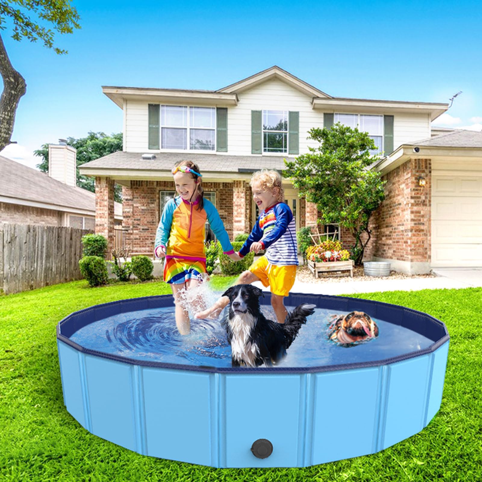 Foldable Dog Pool - Portable PVC Pet Swimming & Bathing Tub with Drainage for Dogs, Cats & Kids (63