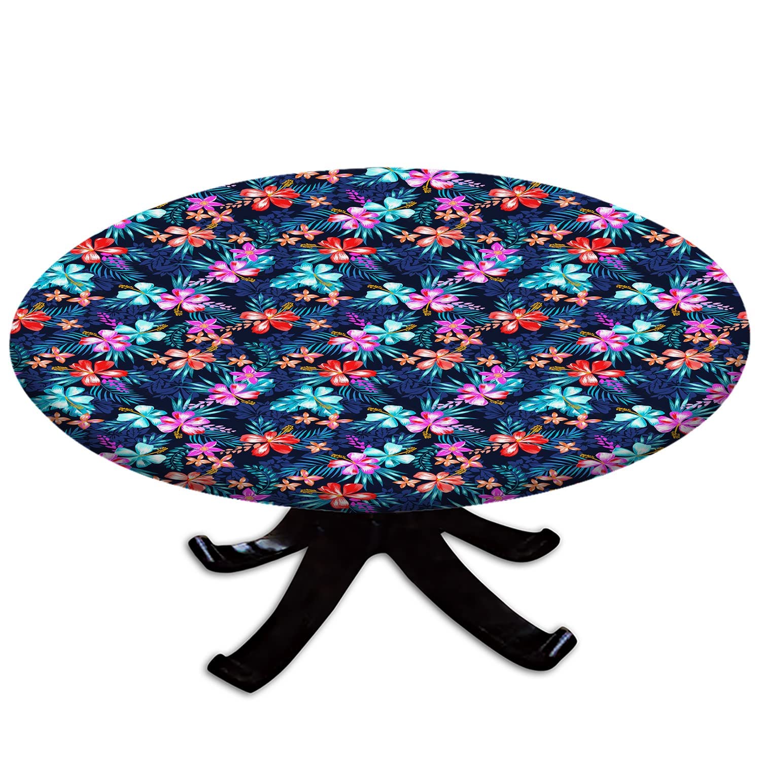 Ousente Tropical Round Fitted Tablecloth - Wrinkle Resistant Palm Leaf Floral Elastic Edge Table Cover for 52-Inch Round Tables - Perfect for Dining Room Decor, Outdoor Patio Parties & Tropical Themed Events