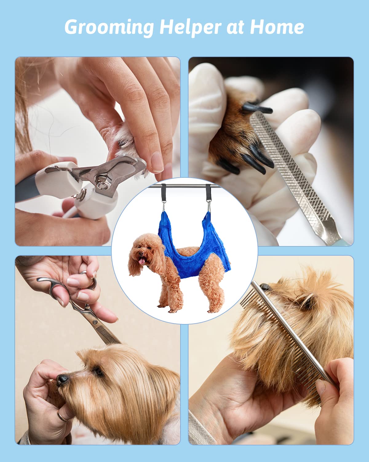 Premium Dog Grooming Harness & Cat Grooming Hammock - Adjustable Pet Grooming Assistant with Nail Clippers & Rounded Scissors (Medium, Blue) - Perfect for Home Pet Care & Professional Grooming Salons