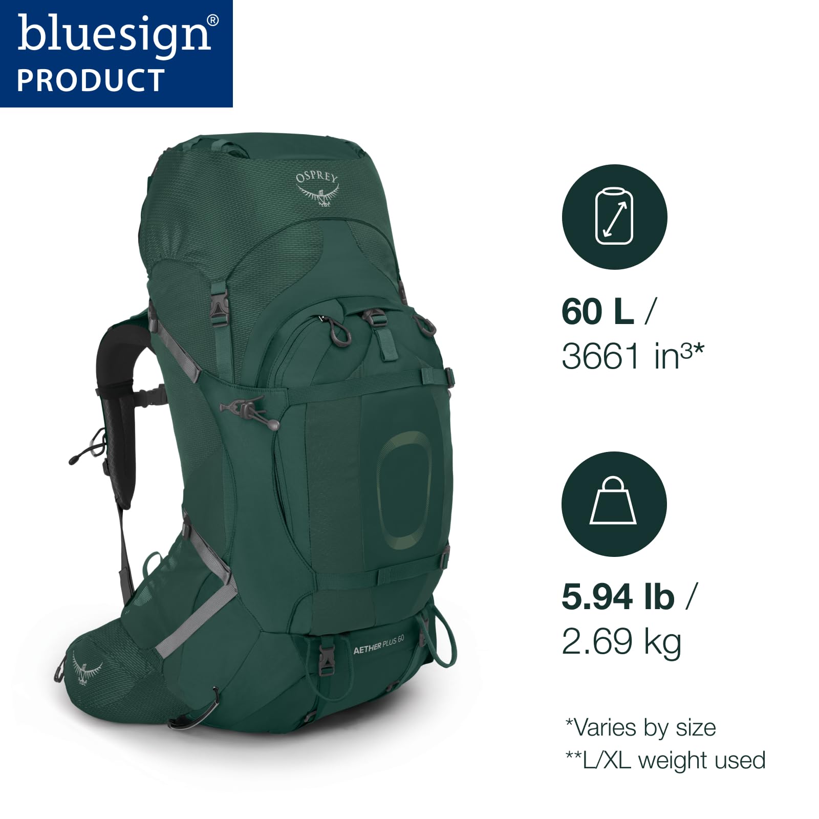 Osprey Aether Plus 60L Men's Hiking Backpack - Lightweight Travel & Trekking Pack for Outdoor Adventures, Axo Green, Large/XL Size, Perfect for Camping, Backpacking & Multi-Day Trips