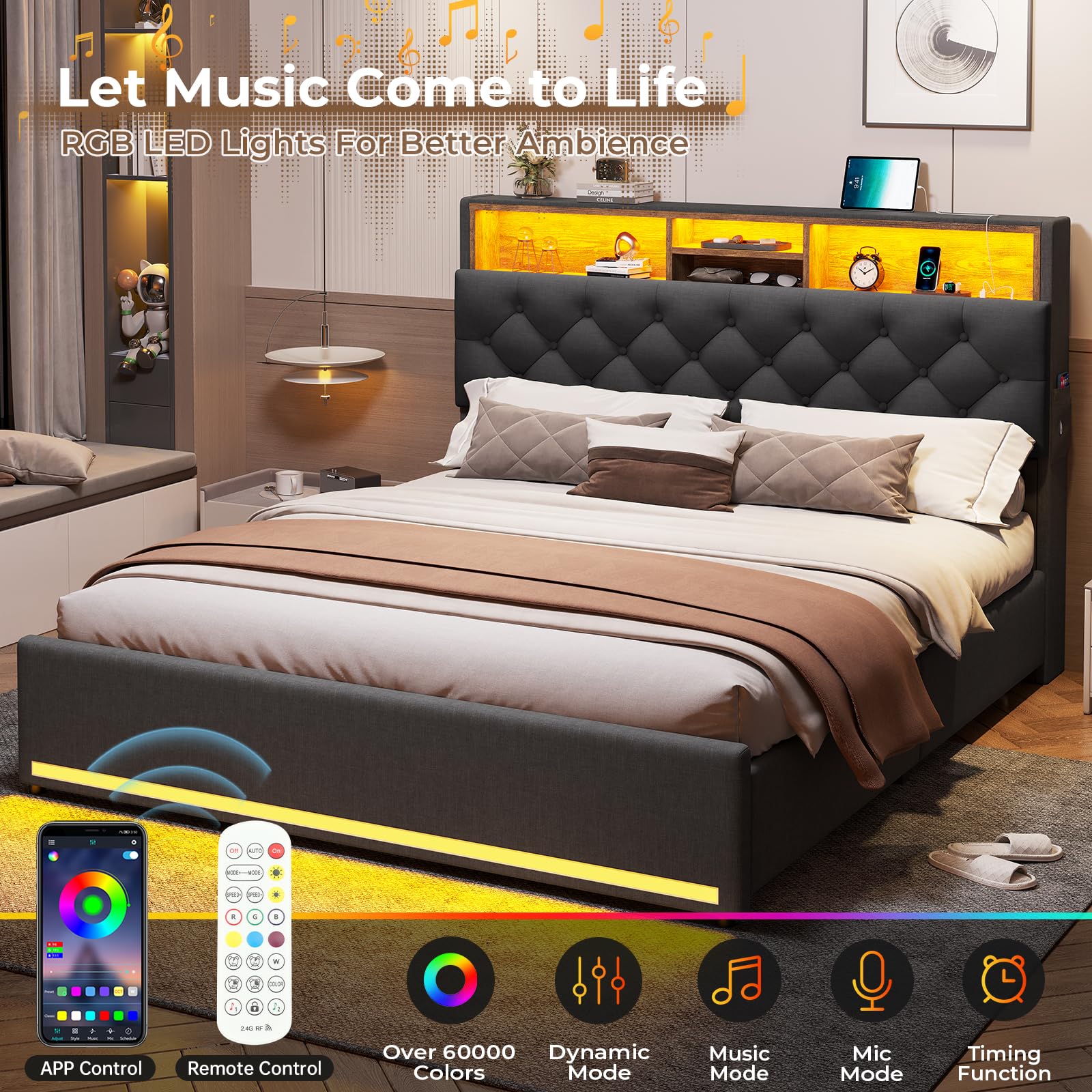 Queen Size Upholstered Platform Bed Frame with Hidden Storage Headboard, 4 Drawers, LED Lights & USB Charging Station - No Box Spring Needed, Noise-Free, Dark Grey - Perfect for Small Bedrooms, Guest Rooms & Modern Apartments