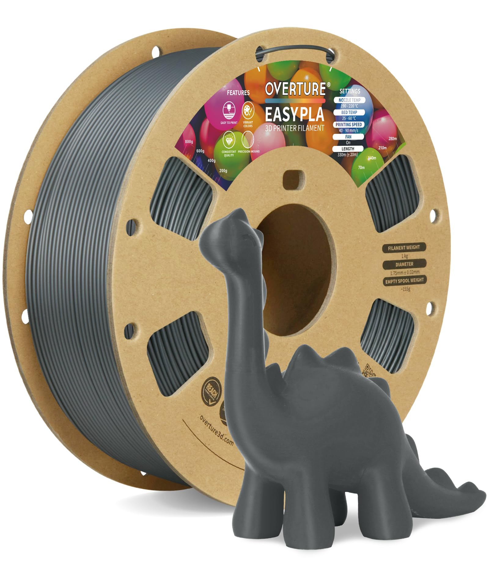 OVERTURE Easy PLA 1.75mm 3D Printer Filament - 1kg (2.2lbs) Spool with +/- 0.02mm Accuracy - Compatible with Most FDM 3D Printers - Space Gray - Perfect for Home DIY, Prototyping & Educational Projects