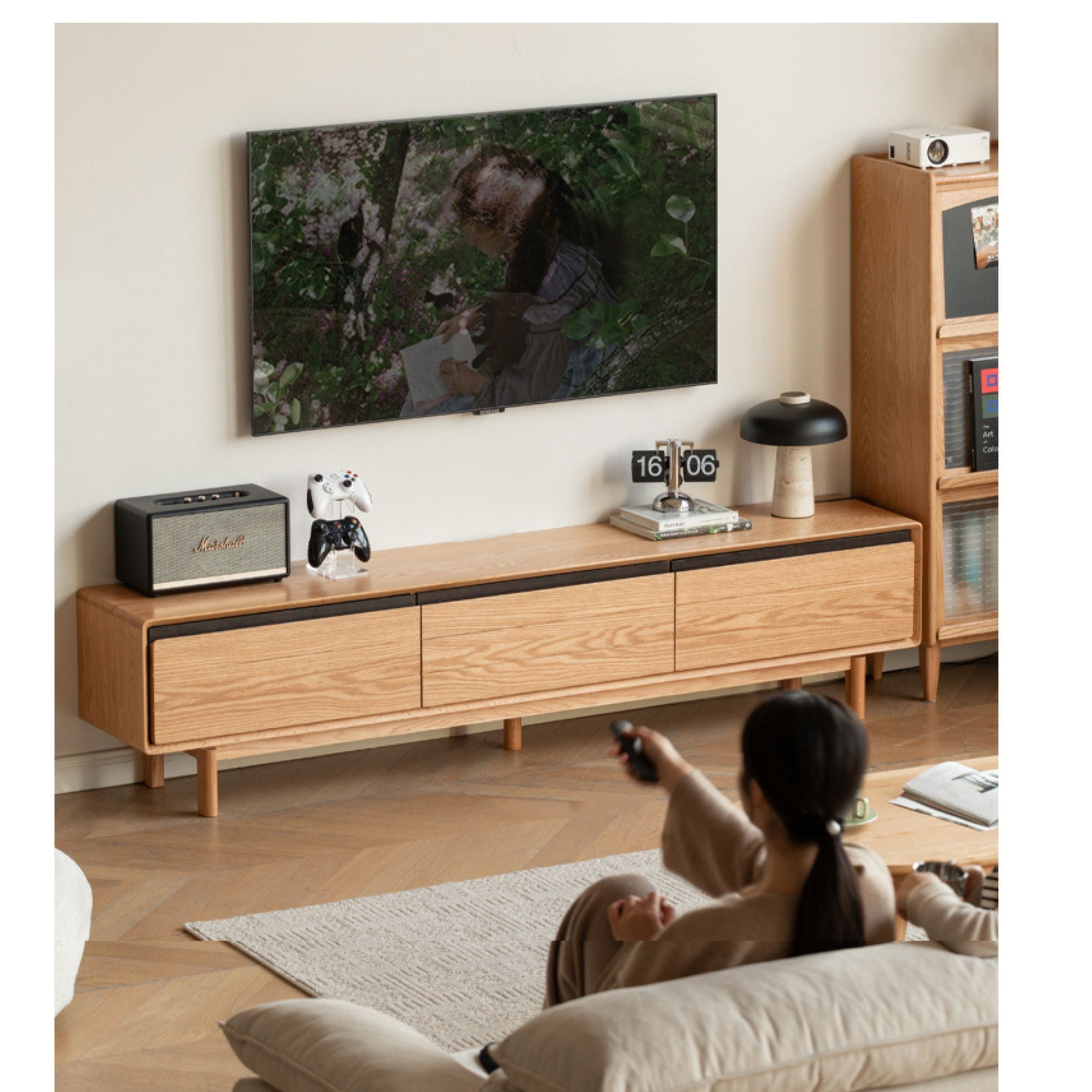 Solid Oak Wood TV Stand for Living Room - Modern Entertainment Center with Storage for TV, Gaming Consoles & Media Devices - Perfect for Home Theater Setup & Living Room Decor