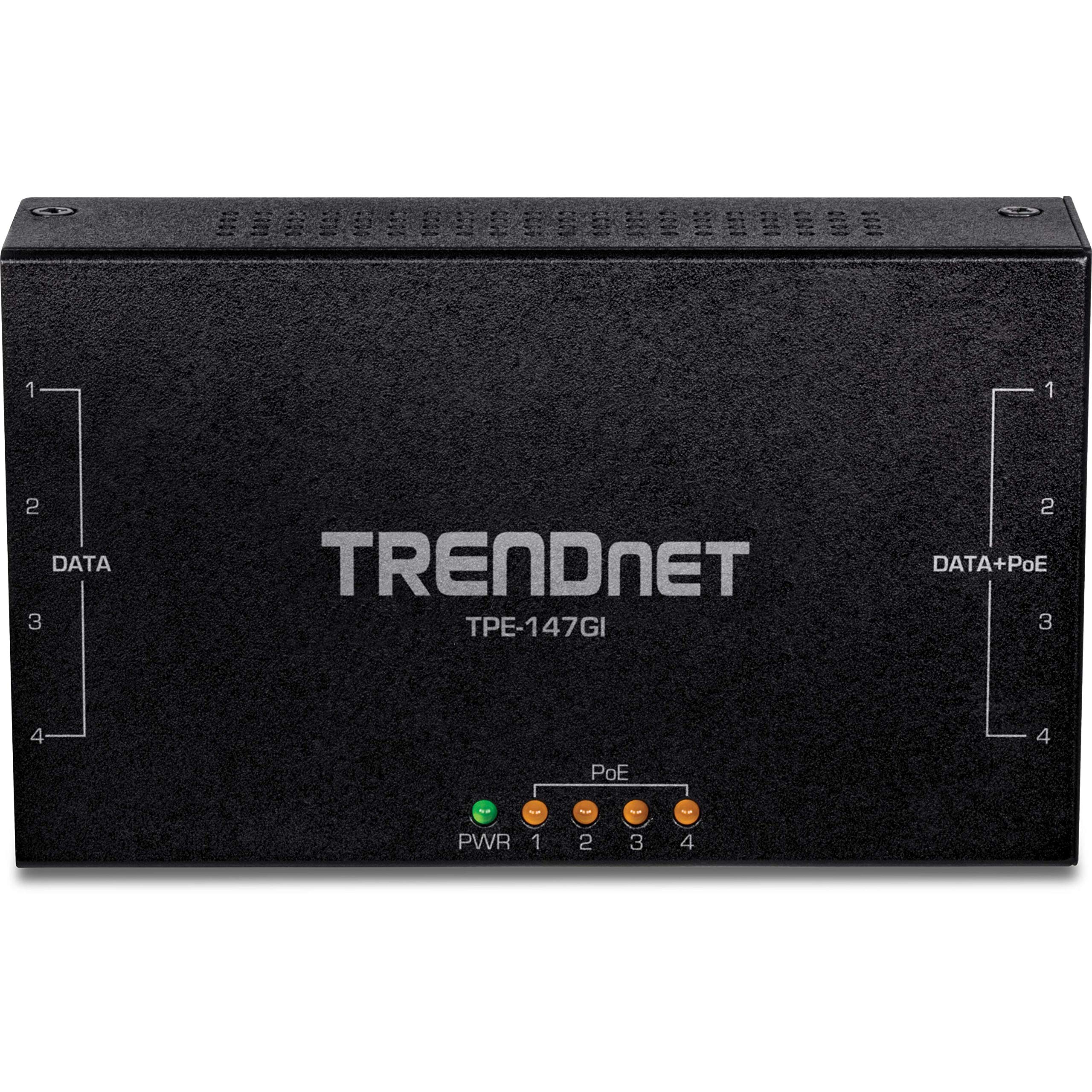 TRENDnet 65W 4-Port Gigabit PoE+ Injector (TPE-147GI) - 4x Gigabit Data Ports & 4x PoE+ Output Ports - Extend Power & Data Up to 328ft - Ideal for IP Cameras, VoIP Phones & Wireless Access Points