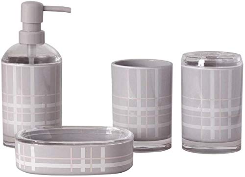 Modern Acrylic Bathroom Accessories Set - 4-Piece Soap Dispenser, Toothbrush Holder & Glass for Bathroom Organization | Gray Minimalist Decor for Soap & Lotion Storage | Perfect for Home, Apartment, Hotel & Spa Decor
