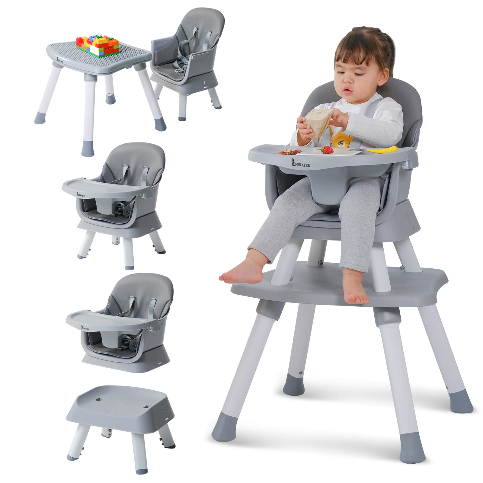 8-in-1 Convertible Baby High Chair with Removable Tray - Toddler Learning Table, Building Block Play Table & Kids Stool Set (Grey) - Perfect for Mealtime, Playtime & Early Childhood Development