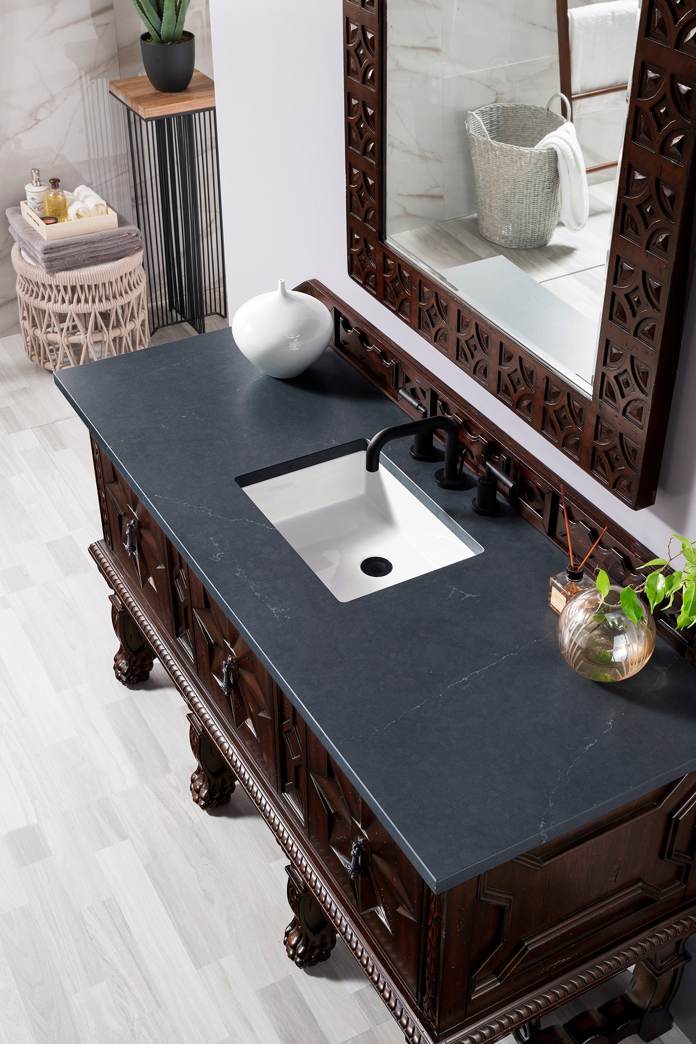 Balmoral 60 Inch Single Bathroom Vanity Cabinet in Antique Walnut Finish with 3CM Charcoal Soapstone Quartz Countertop - Perfect for Modern Farmhouse & Traditional Bathroom Designs