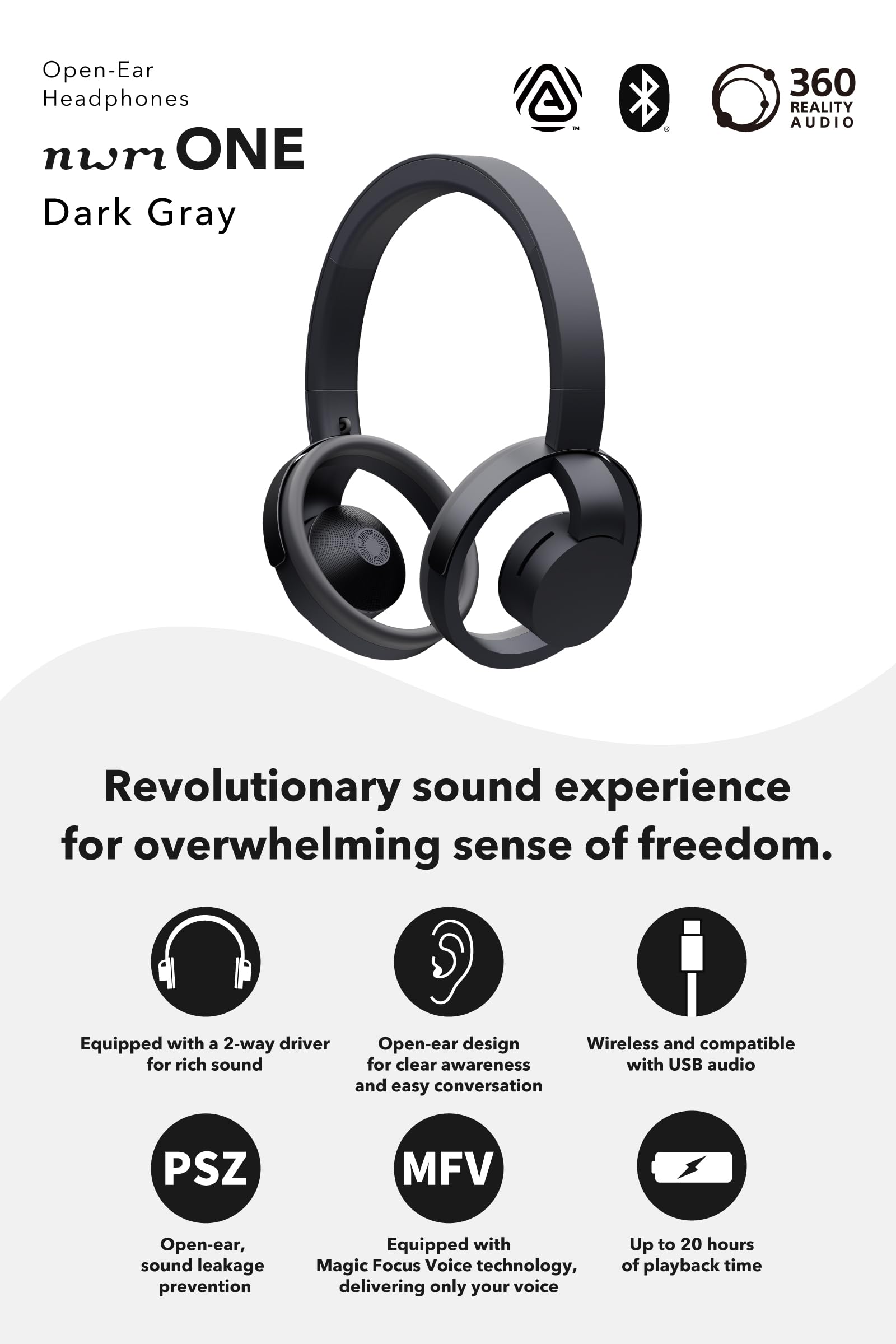 NWM ONE Wireless Open-Ear Headphones with PSZ Technology - No Sound Leakage Bluetooth 5.3 Headset | Bone Conduction Alternative | 20H Battery Life | Multipoint Connection | Built-in Mic | Dark Gray | Perfect for Running, Cycling & Office Work