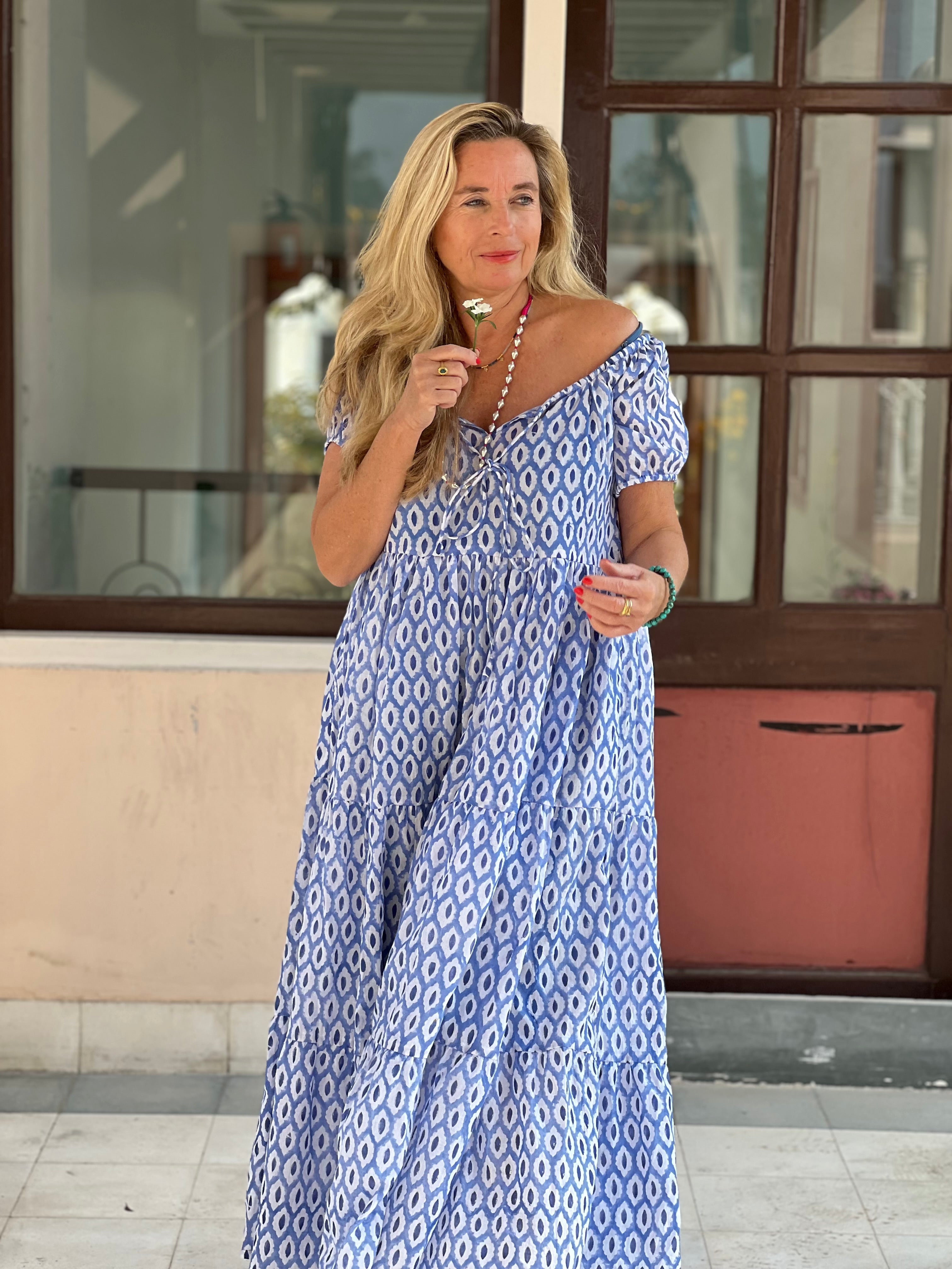 Handmade Boho Maxi Dress for Girls – Blue Hand Block Printed Floral Ishi Daughter Dress – Perfect for Summer Vacations, Beach Trips & Special Occasions