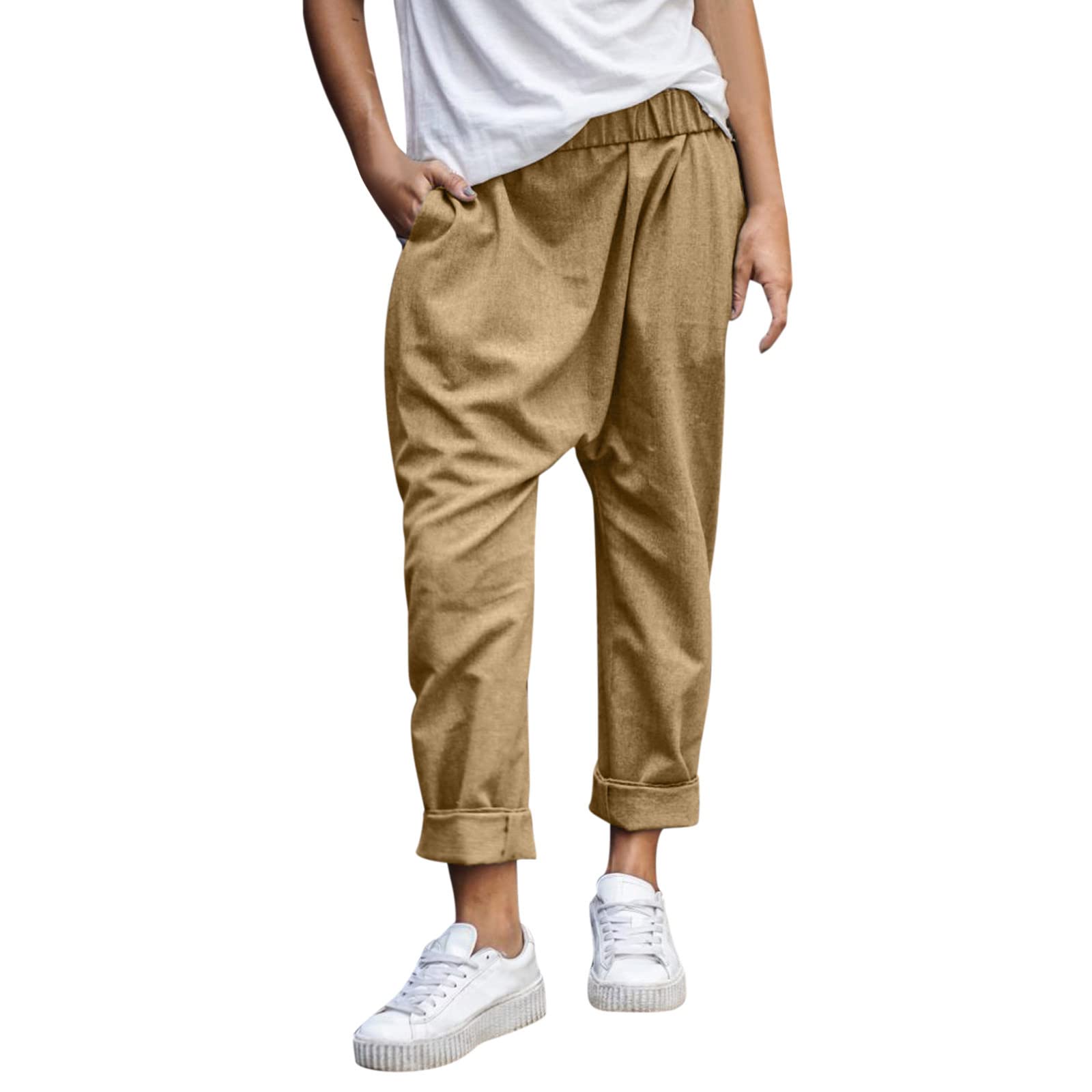 Xiloccer Women's High Waist Cotton Linen Sweatpants - Fashion Casual Trousers with Button & Belt for Lounge, Yoga, and Everyday Wear