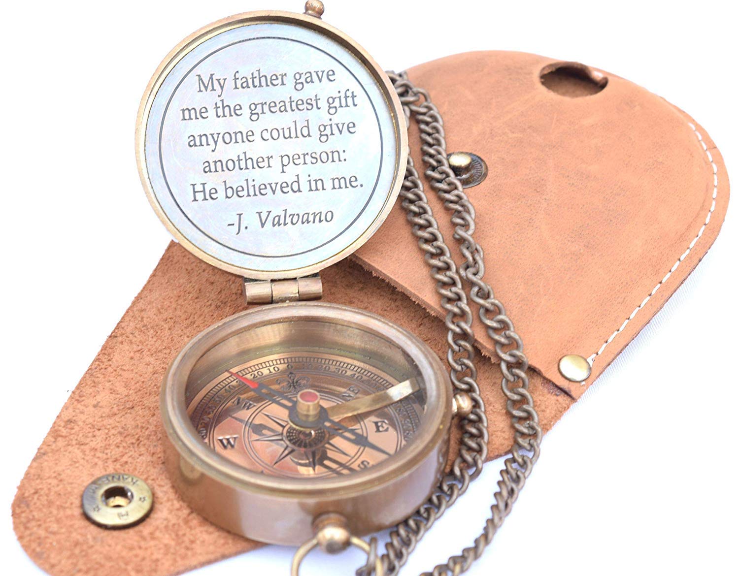 Engraved Brass Compass with Stamped Leather Case - Unique Father’s Day Gift, Birthday Present & Retirement Gift for Dad - Perfect for Outdoor Adventures, Hiking & Travel