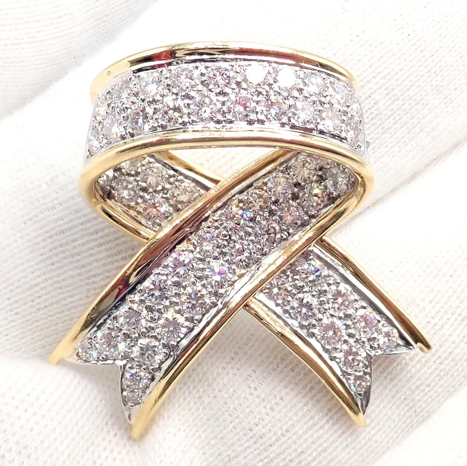 Vintage Tiffany & Co 18k Yellow Gold Platinum Diamond Ribbon Bow Pin Brooch - Elegant Jewelry for Women, Perfect for Weddings, Parties & Special Occasions