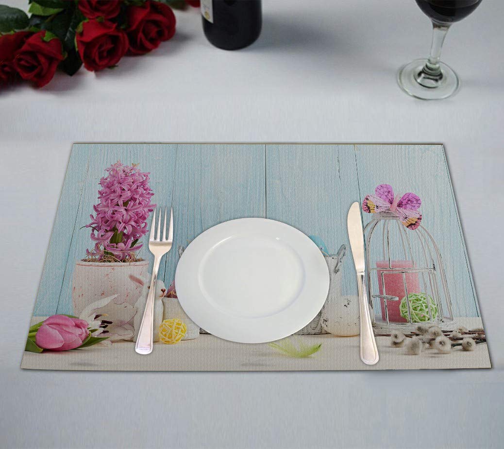 ABPHQTO Easter Eggs Flowers Table Placemats - Set of 2 (12x18 Inch) - Waterproof & Non-Slip Dining Mats for Holiday Decor, Party Table Setting, and Spring Home Decor