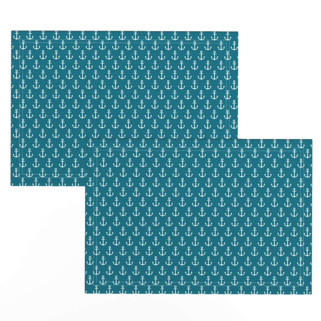 Premium Linen Cotton Canvas Placemats Set of 2 - Nautical Anchor Blue Ocean Boat Theme Printed Table Mats for Dining Room Decor, Kitchen Table Setting, and Beach House Style Home Accessories