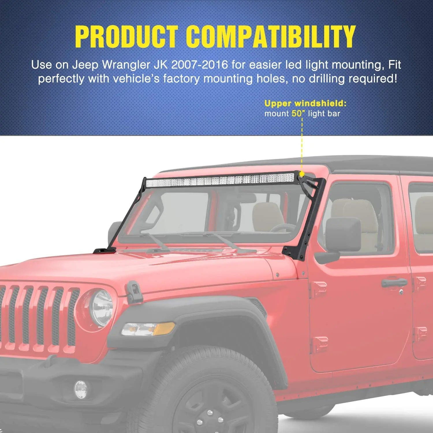 50 Inch LED Light Bar Windshield Frame Mount Kit for 2007-2017 Jeep Wrangler JK - Off-Road Lighting Upgrade for Adventure & Night Driving
