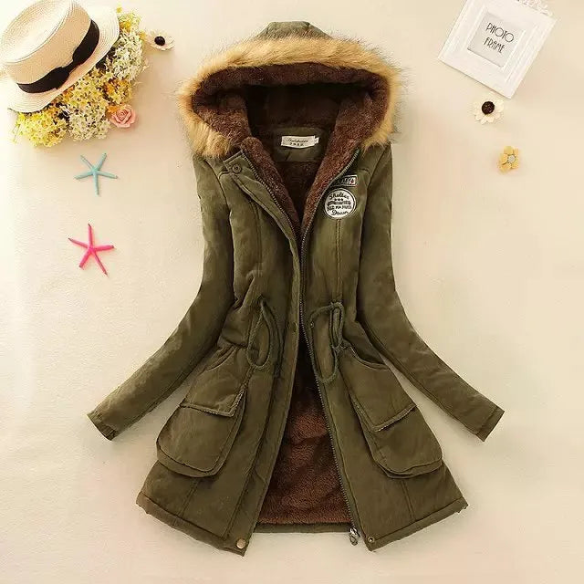 Women's Cotton Padded Jacket - Slim Fit Embroidered Hooded Parka for Autumn & Winter | Warm Quilted Overcoat for Casual Wear & Outdoor Activities