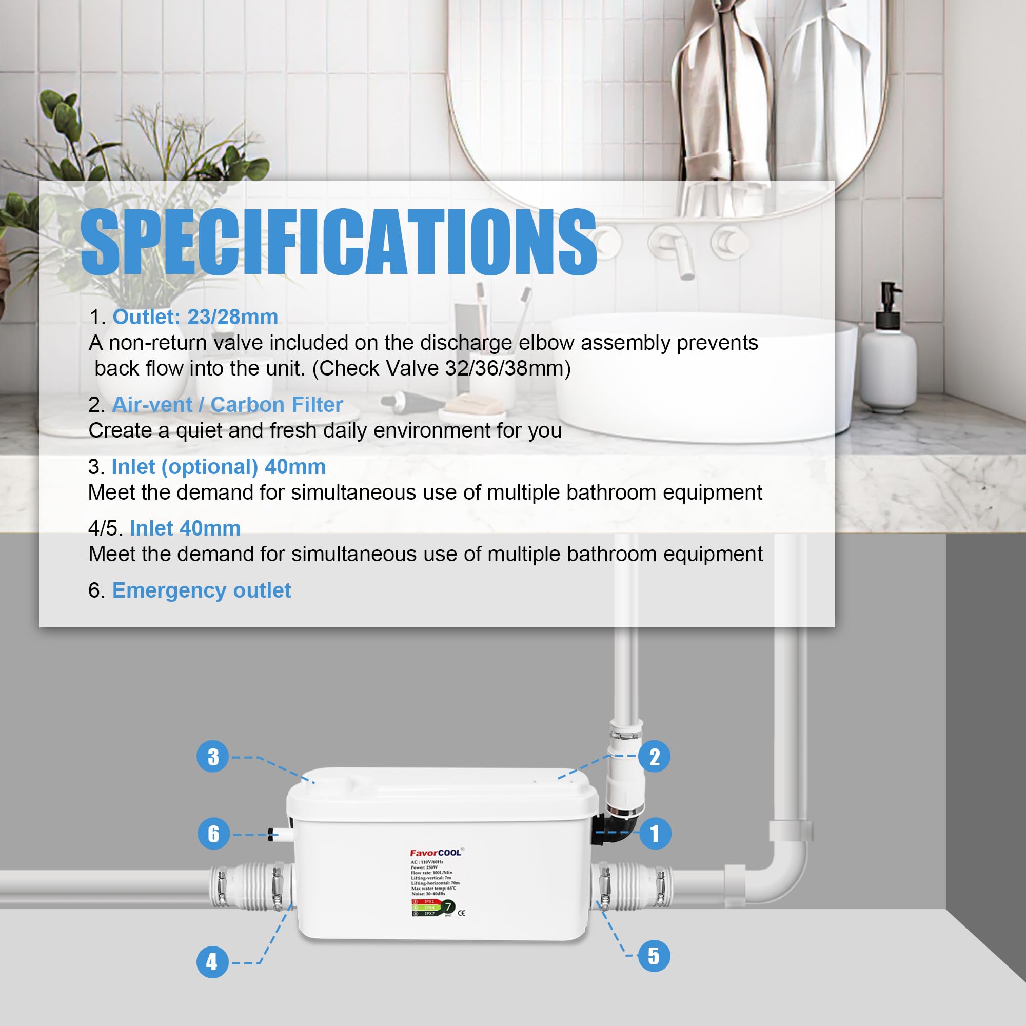 250W Macerator Sewage Pump with 3 Water Inlets - Upflush to 22.9ft/7m for Basement, Kitchen, Shower & Laundry - Powerful Wastewater Treatment Solution for Home and Commercial Use