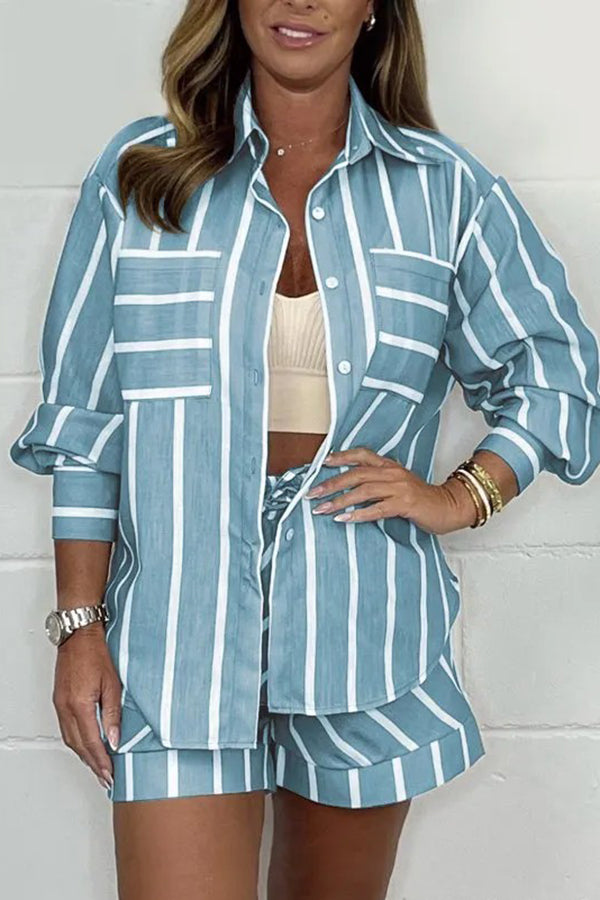 Stylish Striped Print Lapel Long Sleeve Shirt & Elastic Waist Loose Shorts Set - Casual Summer Outfit for Women, Beach Vacation, Streetwear Fashion