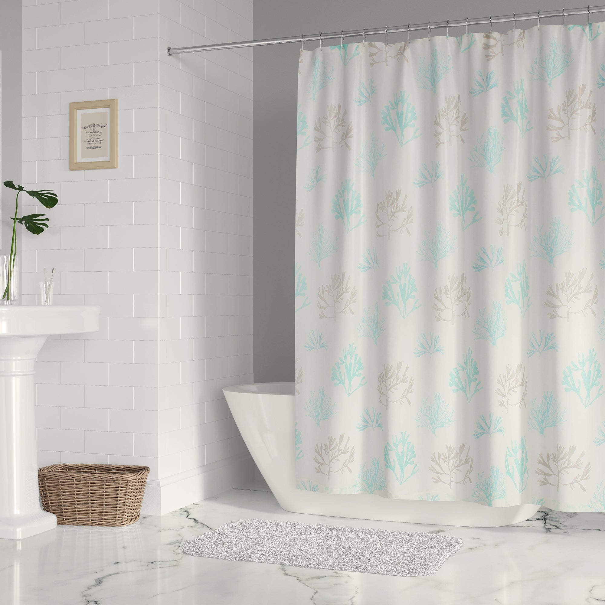 Stone Harbor Waterproof Shower Curtain with Hooks - Coastal Beach Theme Bathroom Decor for Bath Tub, Perfect for Nautical & Beach House Style