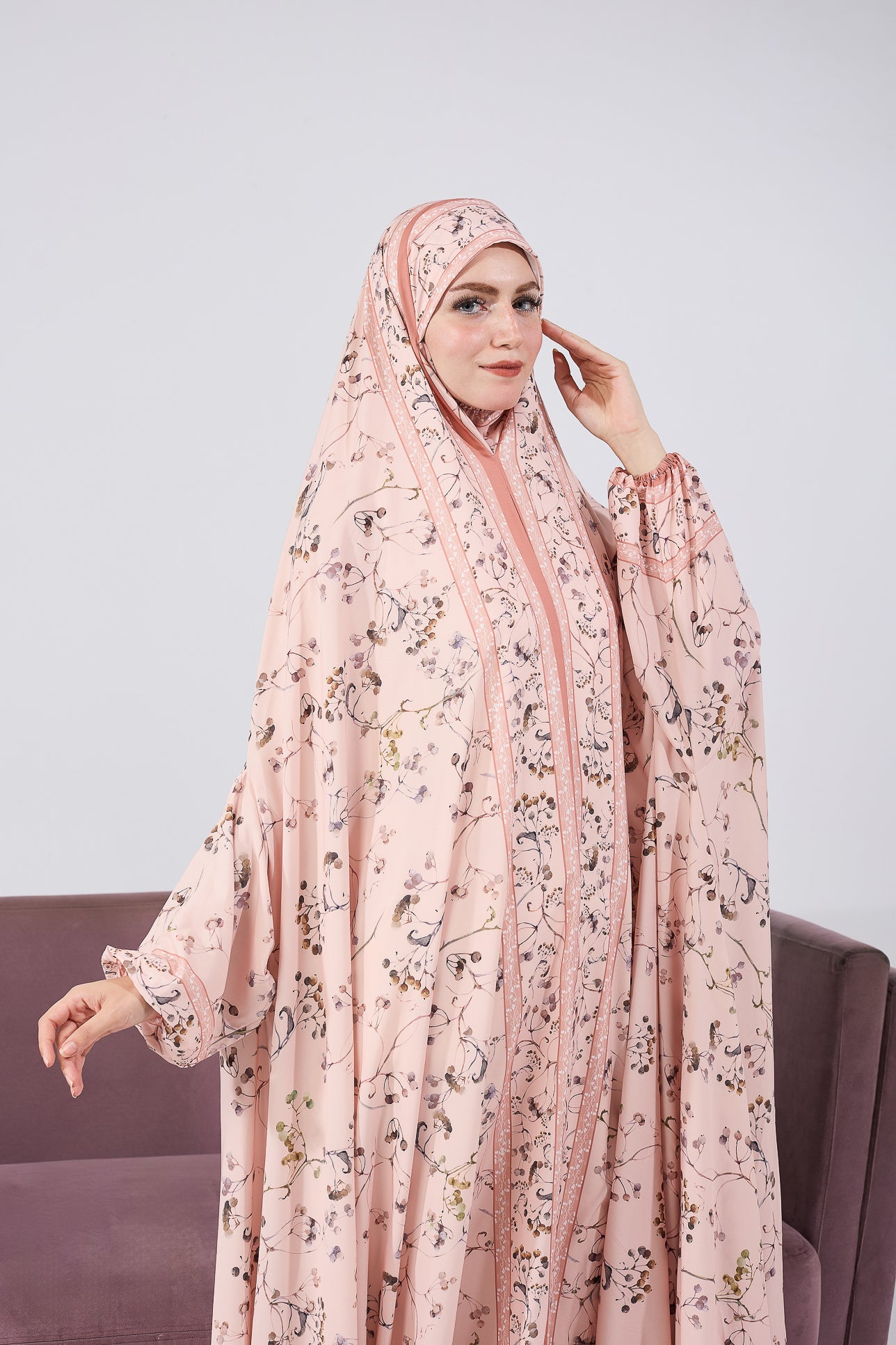 Nouria Satin Floral Prayer Gown - Elegant Floral Print Islamic Prayer Dress with Elastic Cuffs for Women - Perfect for Salah, Ramadan, Eid and Home Worship