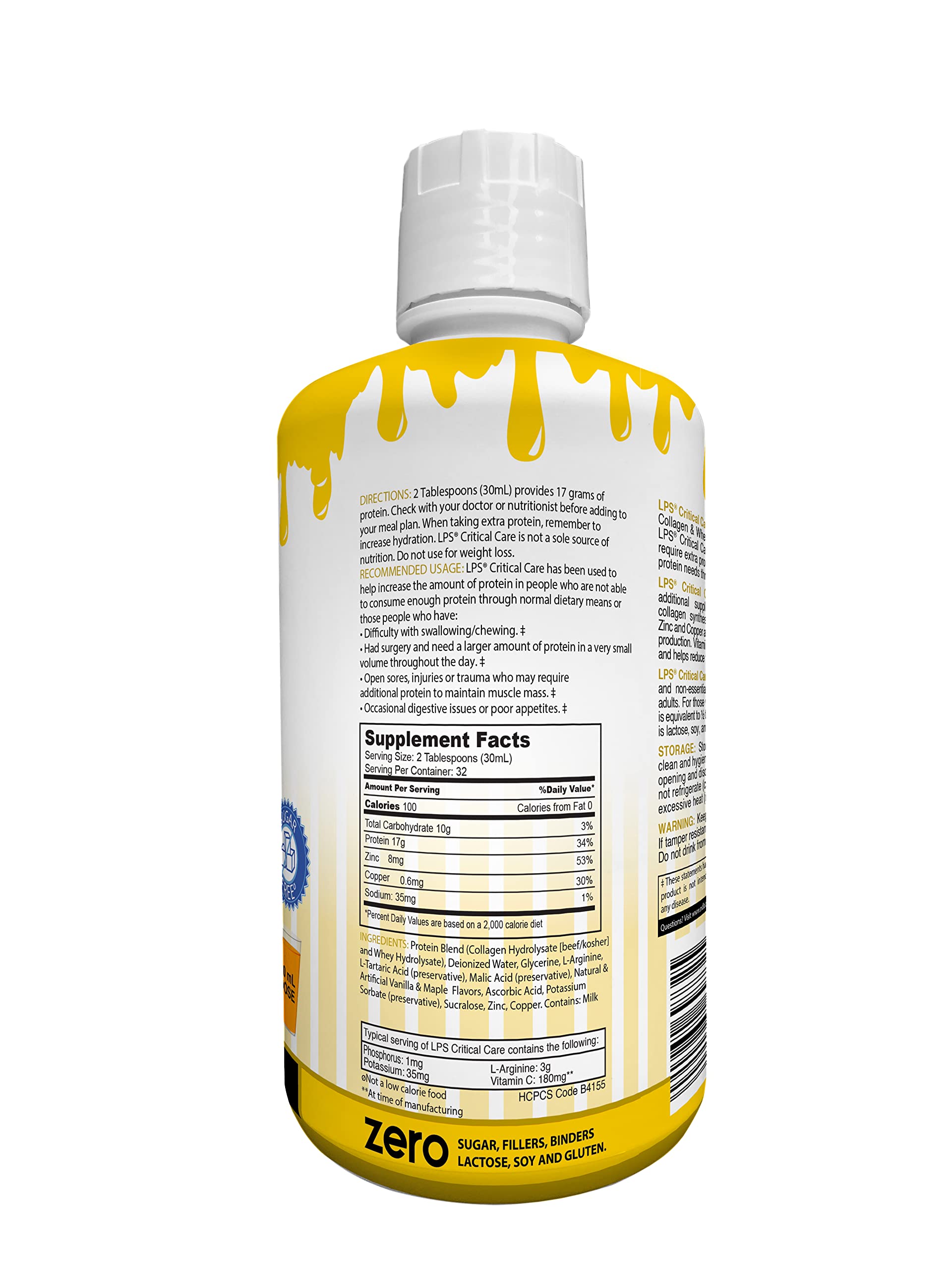 Nutritional Designs LPS Liquid Collagen & Whey Protein Powder Supplement - Sugar Free, Non-GMO, Keto Friendly Drink for Skin, Hair & Joint Health - Honey Vanilla Flavor (Critical Care) - Perfect for Post-Workout Recovery & Daily Wellness Boost