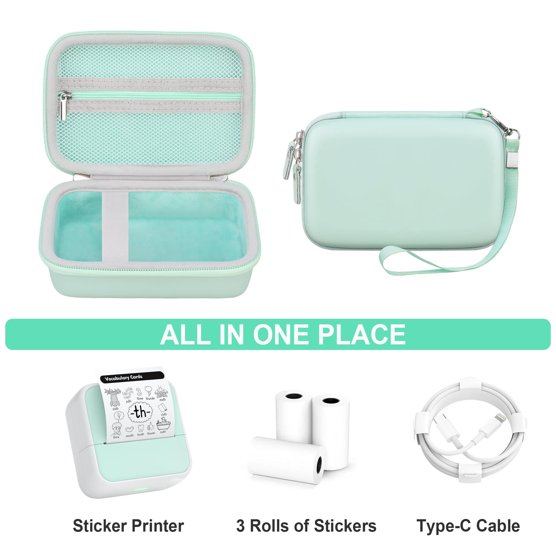 Durable Hard Carrying Case for Anycash Sticker Printer - Protective Travel Case for Printpods Mini Bluetooth Inkless Printer with Mesh Pocket, Holds 3 Sticker Rolls & USB Cable (Green) - Perfect for Travel, School & Craft Projects