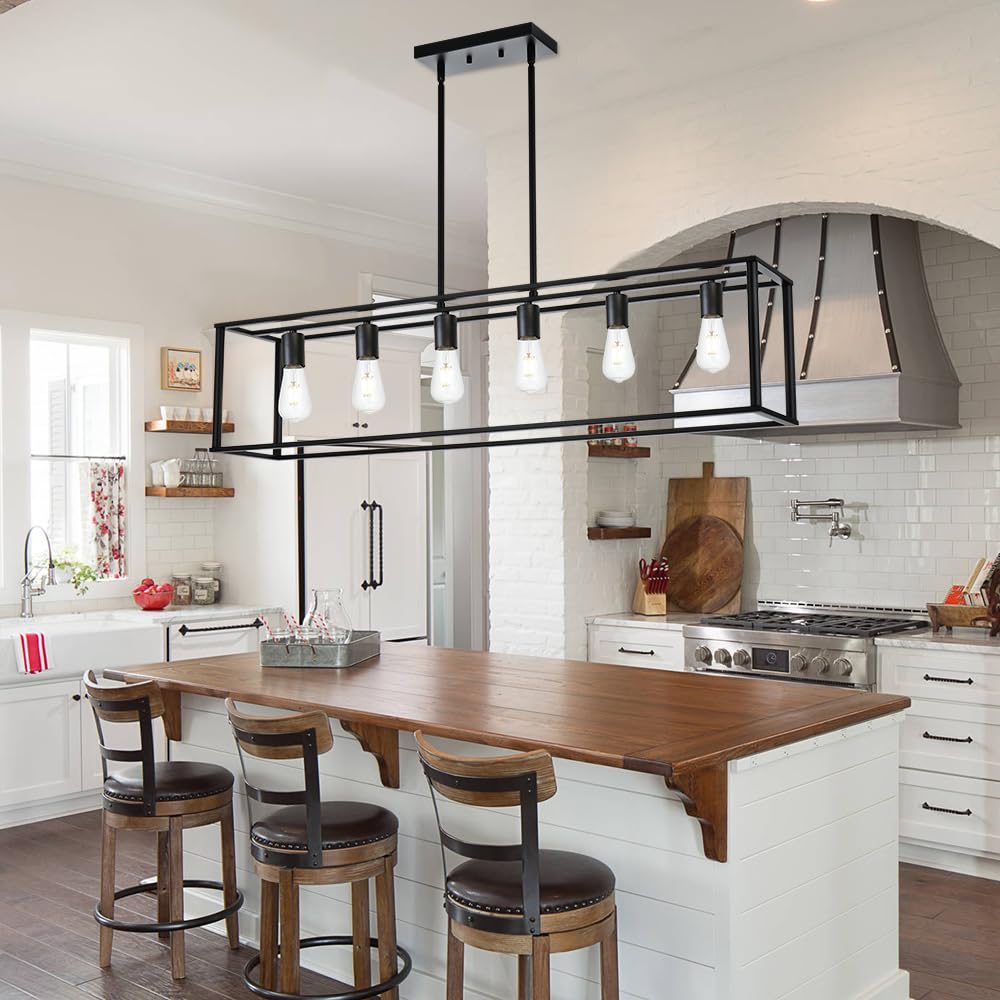 6-Light Black Farmhouse Linear Chandelier - E26 Base Pendant Lighting for Kitchen Island, Dining Room, Bar, Pool Table, and Rustic Home Decor