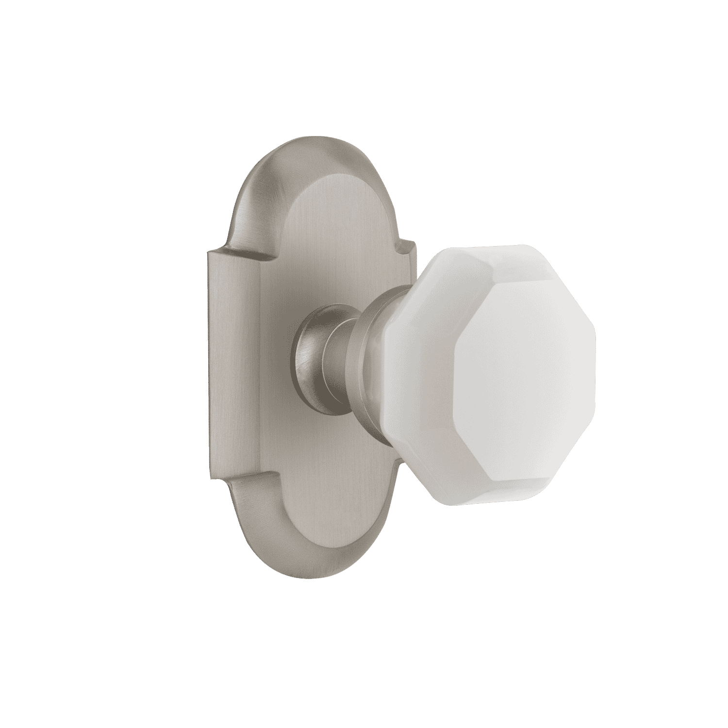 Vintage Cottage Short Plate with White Waldorf Knob in Satin Nickel Finish - Perfect for Farmhouse, Shabby Chic & Victorian Style Home Decor