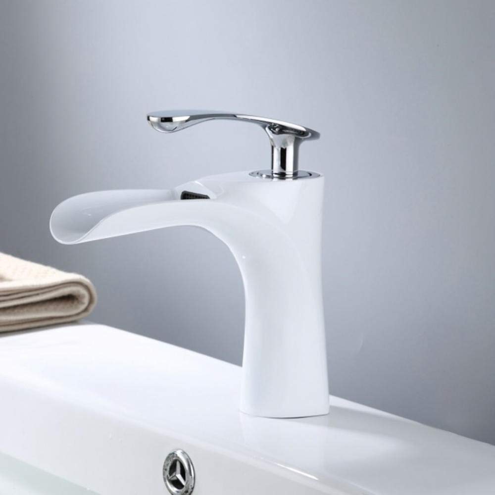Waterfall Bathroom Sink Faucet - White Brass Single Hole Basin Tap with Hot/Cold Water - Modern Bathroom Vanity Faucet for Bath, Powder Room & Guest Bath Decor