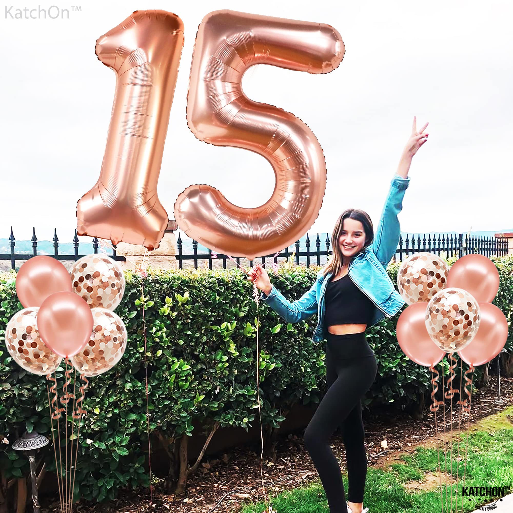 KatchOn 15th Birthday Balloons - 40 Inch Giant Rose Gold Number 15 with Confetti | Quinceañera & Sweet 16 Party Decorations | Perfect for Girls' Birthday Celebrations, Photo Backdrops & Milestone Events