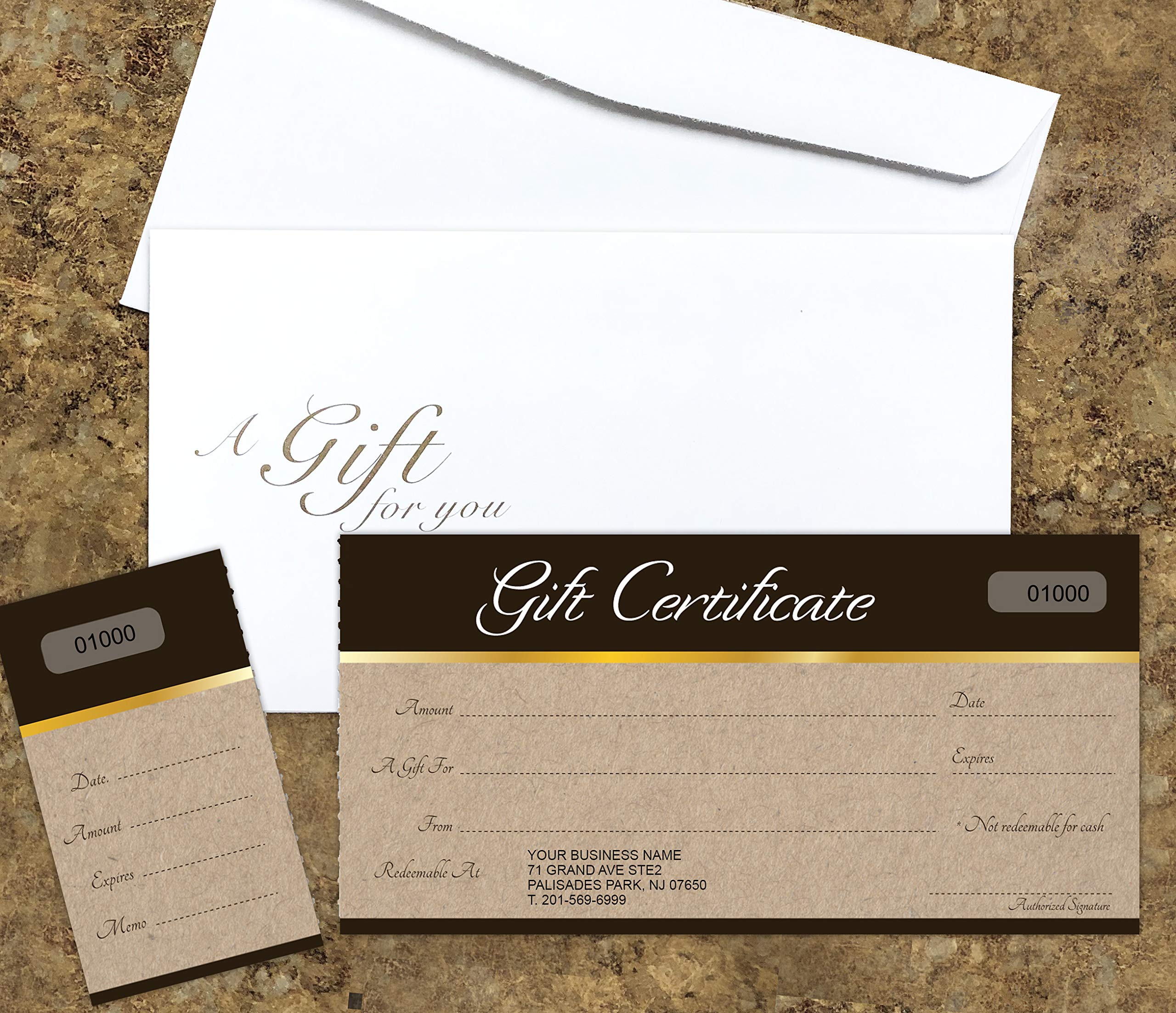 Custom Gift Certificate Cards with Envelopes - 100 Pack Kraft Paper Design - Small Business Gift Vouchers for Retail, Spa & Restaurant Rewards