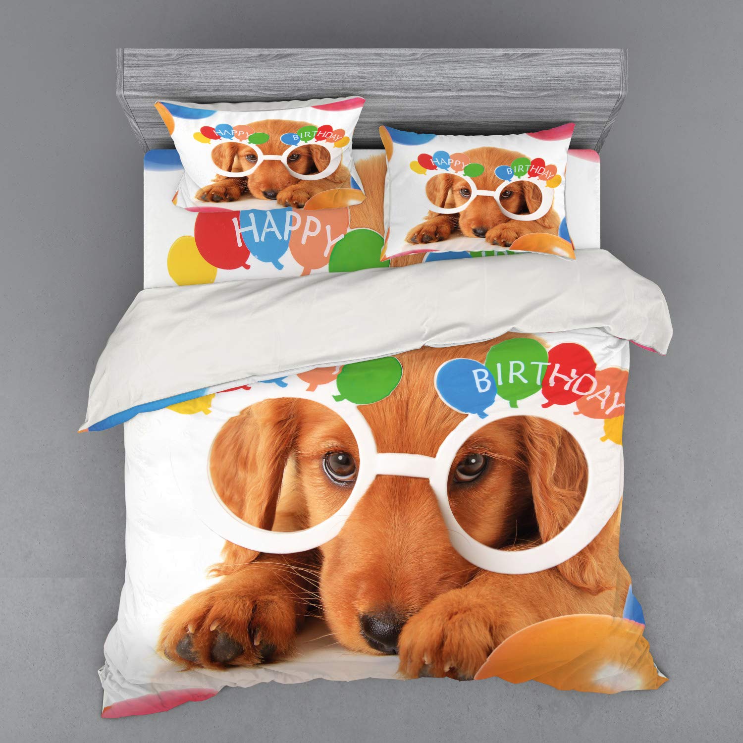 Ambesonne Birthday Party Duvet Cover Set - 4 Piece King Size Bedding with Shams & Fitted Sheet, Celebration Puppy Dog with Golden Glasses & Balloons Themed Design, Multicolor - Perfect for Birthday Decorations, Themed Bedrooms & Gift Giving