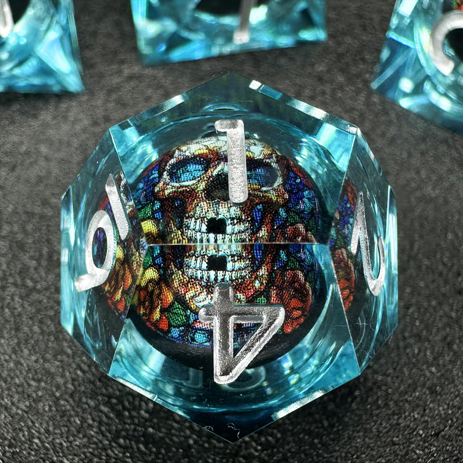 HAOMEJA Skull & Skeleton D&D Dice Set - 7-Piece Resin RPG Dice with Sharp Edges & Dragon Eye Gift Bag for Dungeons and Dragons, Pathfinder, Tabletop Roleplaying Games - Perfect for Gifts, Game Nights & Fantasy Adventures (Skull A & Blue)