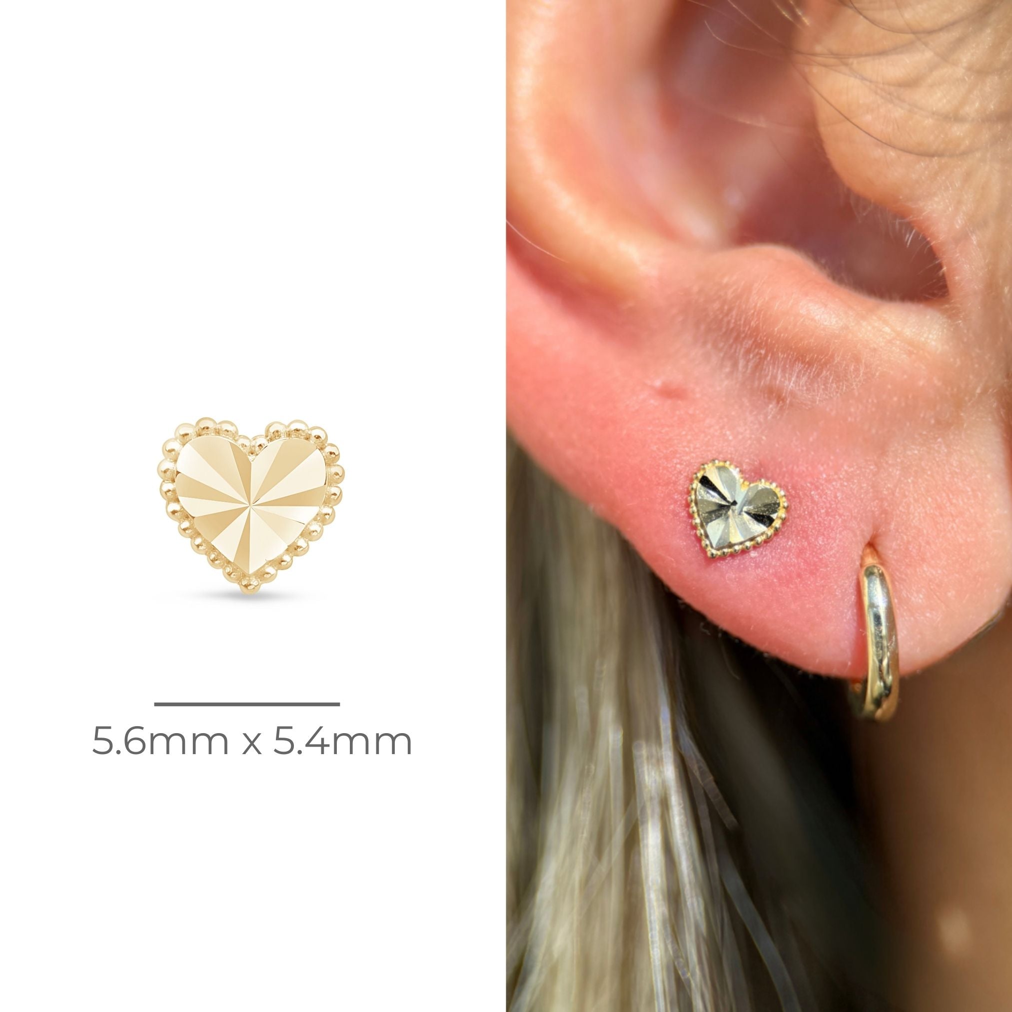 14K Yellow Gold Diamond-Cut Heart Stud Earrings for Women - Perfect for Valentine's Day Gifts, Anniversary Presents & Everyday Elegance
