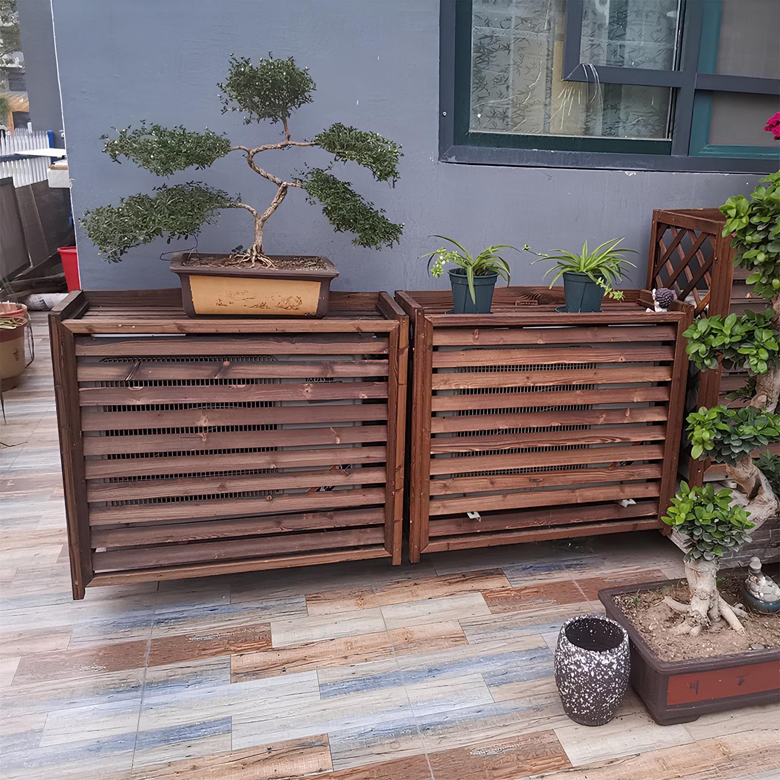 Wooden AC Unit Cover Outdoor - Air Conditioner Privacy Screen & Freestanding Fence to Hide AC Unit - Decorative Plant Display Shelf for Patio, Garden, and Backyard Storage